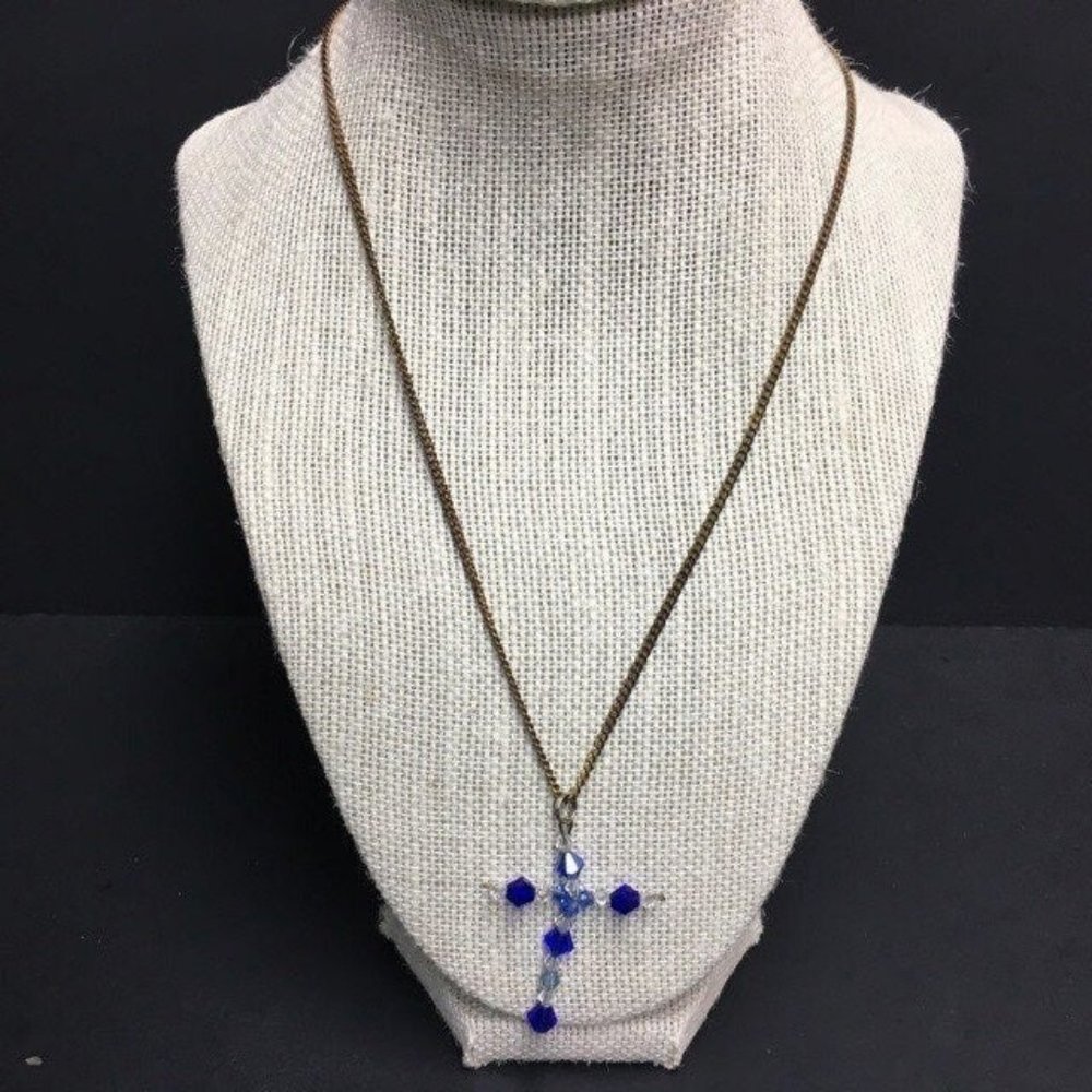 Cross Pendant Necklace Bronze Chain Blue Clear Faceted Retro Boho